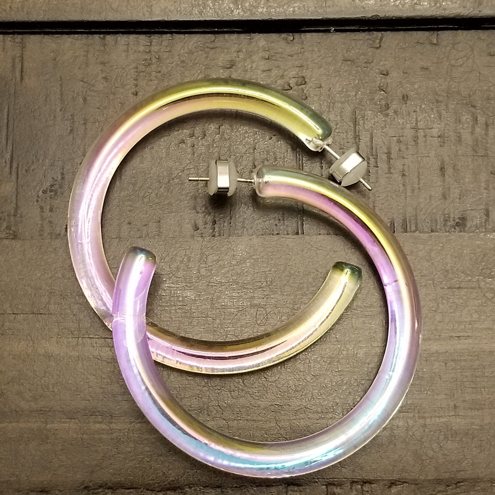 Iridescent Clear Acrylic 2" Hoop Earrings Pastel Rainbow